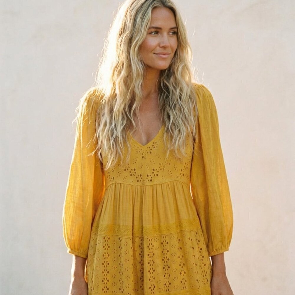 Free People Mustard Yellow Eyelet Bohemian Mockingbird Maxi Dress Small